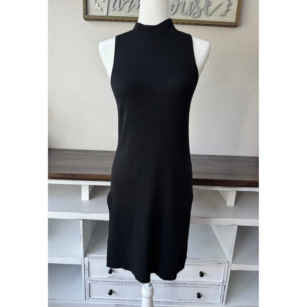 Anthropologie Black Ribbed Knit Midi Dress Side Slits Minimalist Size S